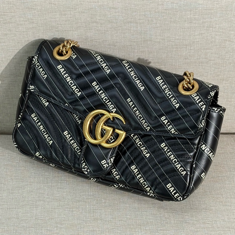 GUCCI Black Leather GG Marmont Shoulder Bag with Balenciaga Print Medium GHW - Picture 3 of 17